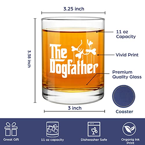 The Dogfather Funny Whiskey Glass - Dog Lover Gifts for Men, Gag Unique Fathers Day Christmas Birthday Gifts for Dog Dads, Dog Owner, Men from Daughter, Son, Kids, Friends, Old Fashioned Glass, 11oz