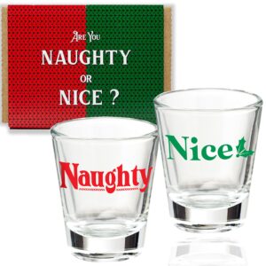 2 shot glasses - christmas naughty & nice novelty glass set - 1.5 oz green red fun gift wrapped boxed - unique fun funny gag present for him her - liquor drinking game
