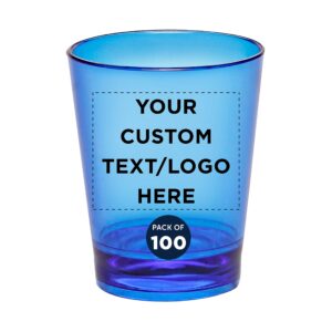 custom translucent plastic shot glasses 1.5 oz. set of 100, personalized bulk pack - acrylic, great for wedding, party, birthday, gifts - blue