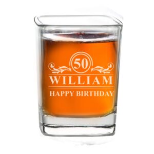 Custom Monogrammed Happy Birthday Wine Glass, Shot Glass, Beer Glass, Champagne Flute - Customized Present for 30th, 40th, 50th, 60th Celebration (2 oz Square Shot Glass)