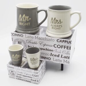 rockin shot glass - mr & mrs always right couples mugs & shot glasses, set of 4 combo 10 oz gift boxed - great marriage or him and her gift set, gift for wedding anniversary, husband & wife gifts