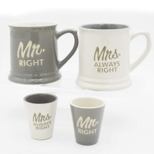 Rockin SHOT GLASS - Mr & Mrs Always Right Couples Mugs & Shot Glasses, Set of 4 Combo 10 oz Gift Boxed - great marriage or Him and Her Gift Set, Gift for Wedding Anniversary, Husband & Wife Gifts