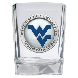 heritage pewter university of west virginia square shot glass | hand-sculpted 1.5 ounce shot glass | intricately crafted metal pewter alma mater inlay