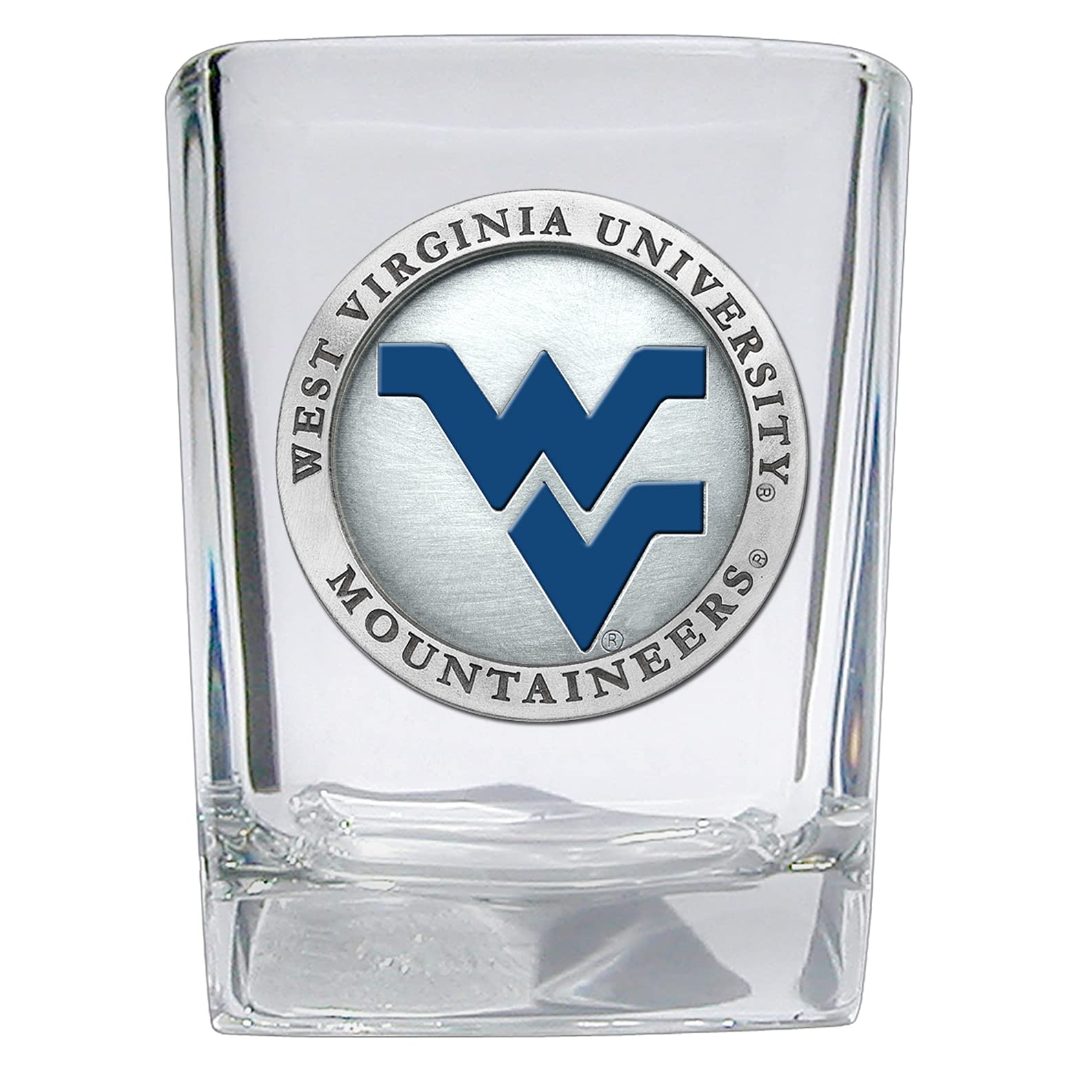 Heritage Pewter University of West Virginia Square Shot Glass | Hand-Sculpted 1.5 Ounce Shot Glass | Intricately Crafted Metal Pewter Alma Mater Inlay