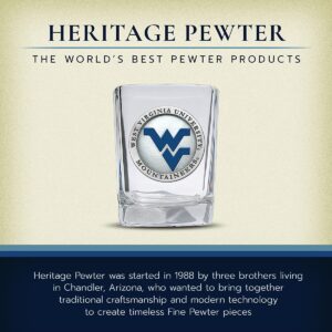 Heritage Pewter University of West Virginia Square Shot Glass | Hand-Sculpted 1.5 Ounce Shot Glass | Intricately Crafted Metal Pewter Alma Mater Inlay