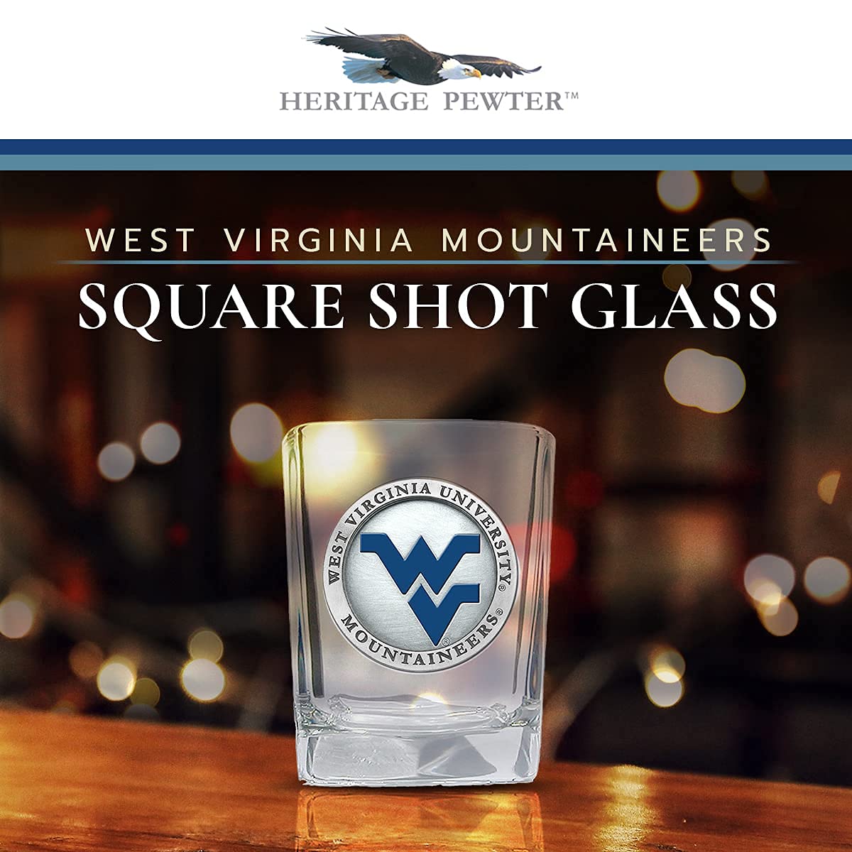 Heritage Pewter University of West Virginia Square Shot Glass | Hand-Sculpted 1.5 Ounce Shot Glass | Intricately Crafted Metal Pewter Alma Mater Inlay