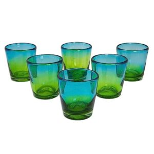 novica hand blown blue and green glass rock glasses 'aurora tapatia'