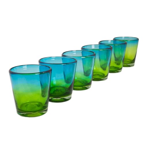 NOVICA Hand Blown Blue And Green Glass Rock Glasses 'Aurora Tapatia'