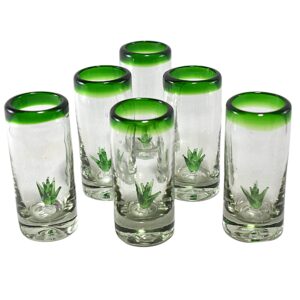 marey shot glasses | hand blown glass | tequila glasses artisan crafted in mexico | set of 6 pieces | (green rim w/agave, standard 2 oz.)