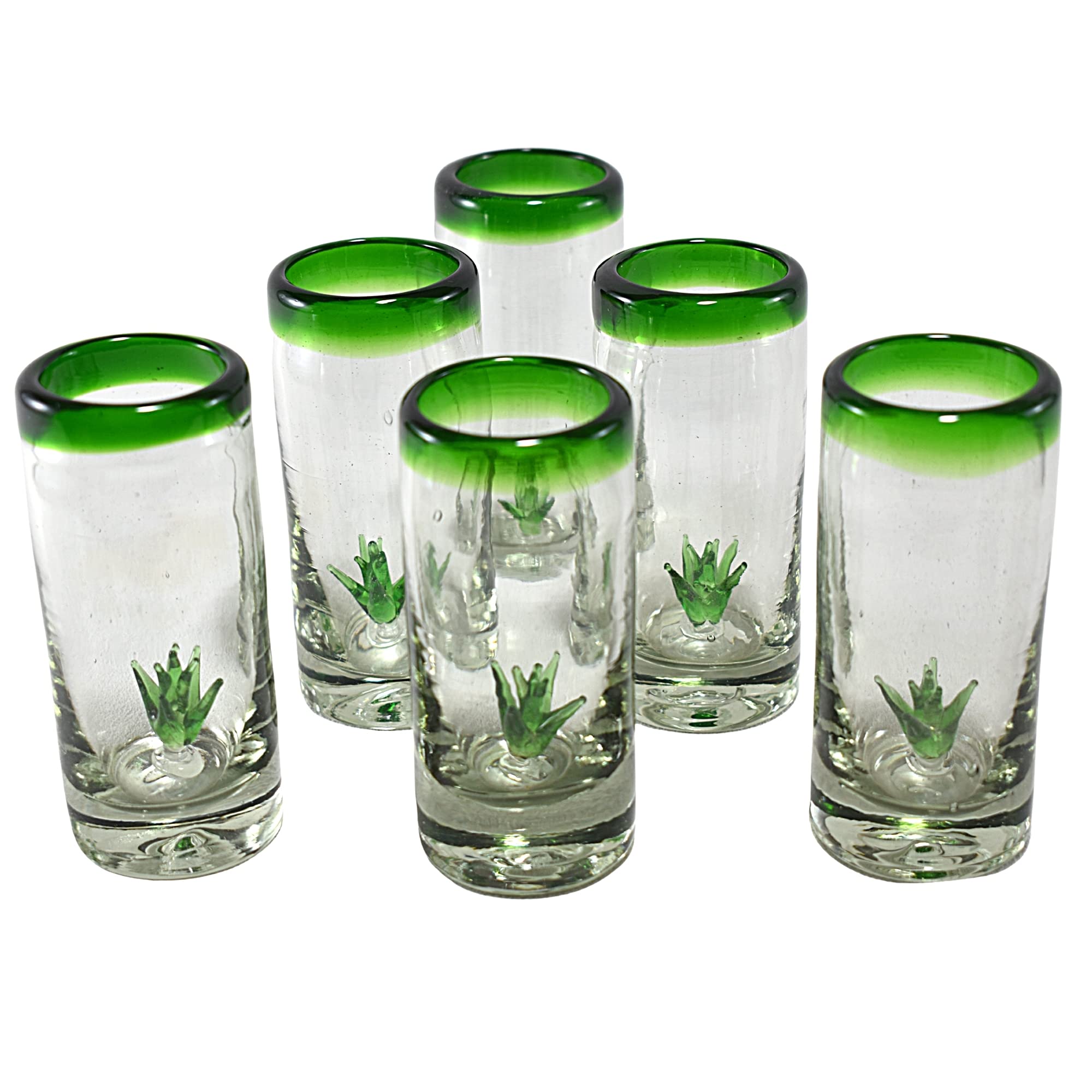 MAREY Shot Glasses | Hand Blown Glass | Tequila Glasses Artisan Crafted in Mexico | Set of 6 pieces | (Green Rim W/Agave, Standard 2 Oz.)