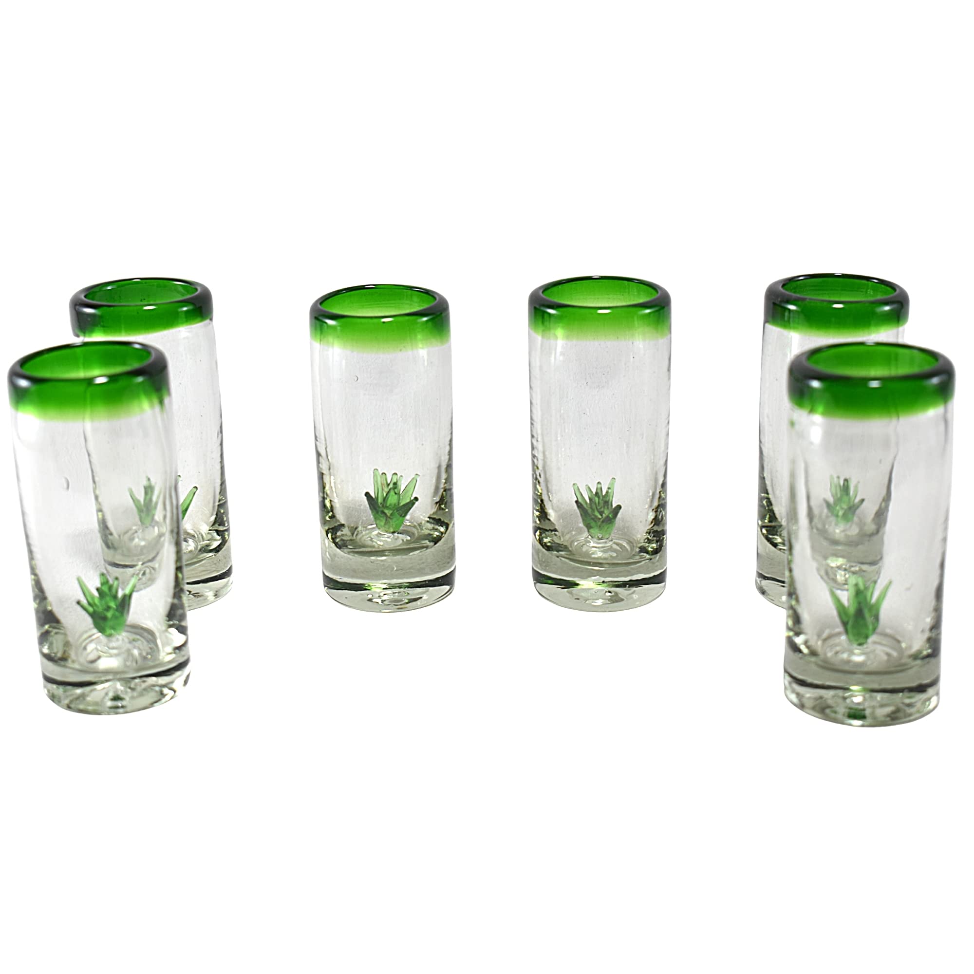 MAREY Shot Glasses | Hand Blown Glass | Tequila Glasses Artisan Crafted in Mexico | Set of 6 pieces | (Green Rim W/Agave, Standard 2 Oz.)