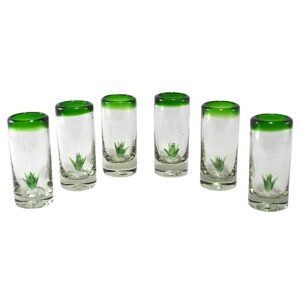 MAREY Shot Glasses | Hand Blown Glass | Tequila Glasses Artisan Crafted in Mexico | Set of 6 pieces | (Green Rim W/Agave, Standard 2 Oz.)