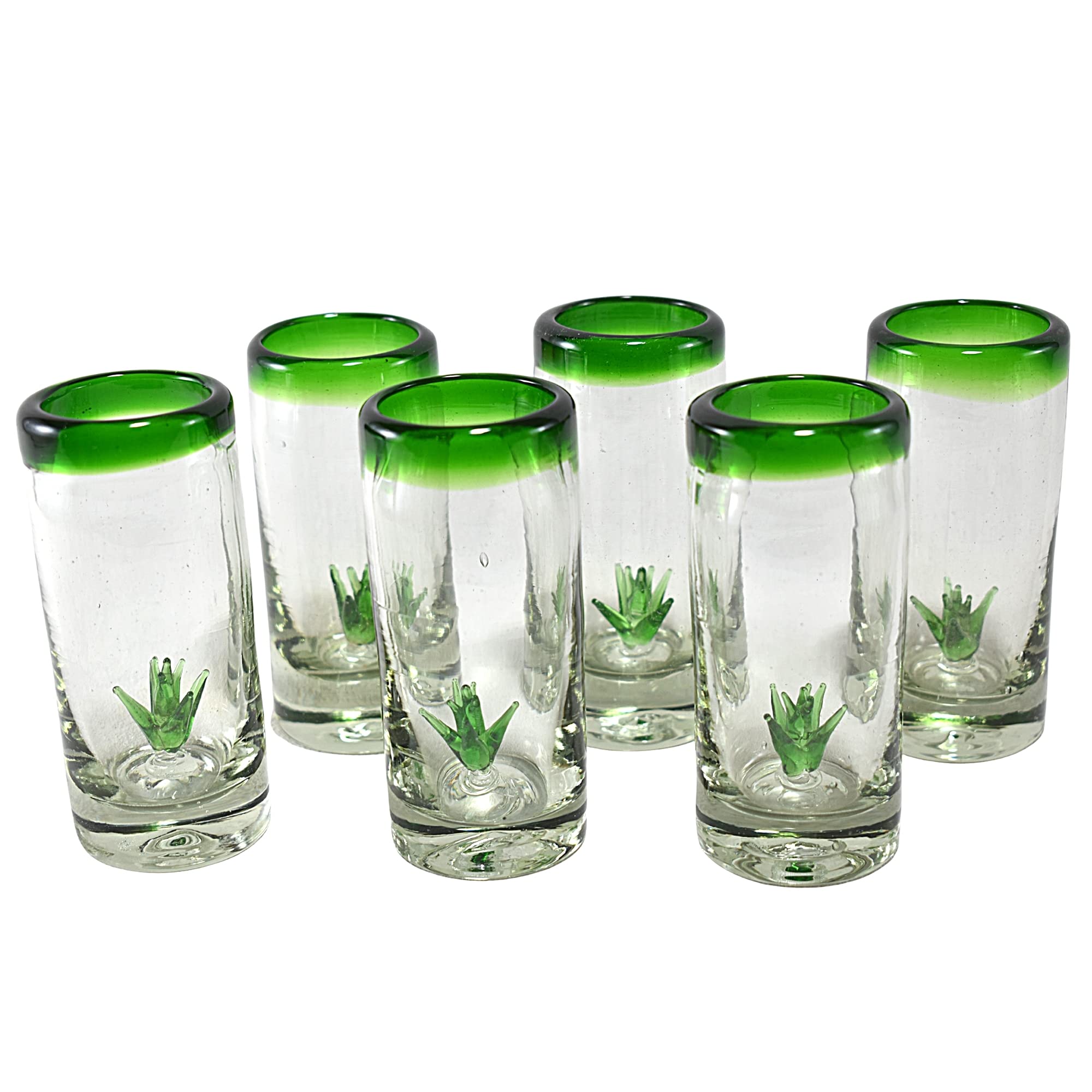 MAREY Shot Glasses | Hand Blown Glass | Tequila Glasses Artisan Crafted in Mexico | Set of 6 pieces | (Green Rim W/Agave, Standard 2 Oz.)