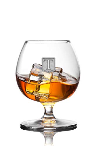 Personalized Premium Cognac Brandy Whiskey 12oz Glass Pewter Metal Monogram Initial Pewter Engraved Crest Novelty for Weddings, Birthdays or any Special Occasions by Fine Occasion – Letter T