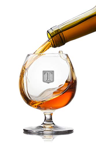 Personalized Premium Cognac Brandy Whiskey 12oz Glass Pewter Metal Monogram Initial Pewter Engraved Crest Novelty for Weddings, Birthdays or any Special Occasions by Fine Occasion – Letter T