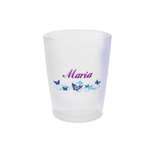 personalized custom text girly butterfly blue ceramic shot glass cup