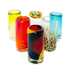 Mexican Tequila Shot Glasses - Set of 6 Large Shot Glasses Pretty Novelty Design Multicolor Recycled Glassware Set Unique Artisan Crafted Dishwasher Safe Hand Blown 2 oz