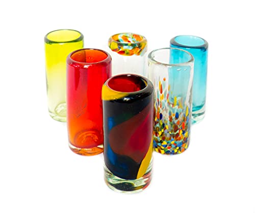 Mexican Tequila Shot Glasses - Set of 6 Large Shot Glasses Pretty Novelty Design Multicolor Recycled Glassware Set Unique Artisan Crafted Dishwasher Safe Hand Blown 2 oz