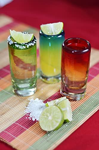 Mexican Tequila Shot Glasses - Set of 6 Large Shot Glasses Pretty Novelty Design Multicolor Recycled Glassware Set Unique Artisan Crafted Dishwasher Safe Hand Blown 2 oz