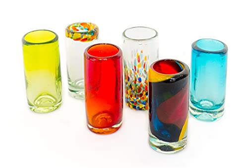 Mexican Tequila Shot Glasses - Set of 6 Large Shot Glasses Pretty Novelty Design Multicolor Recycled Glassware Set Unique Artisan Crafted Dishwasher Safe Hand Blown 2 oz