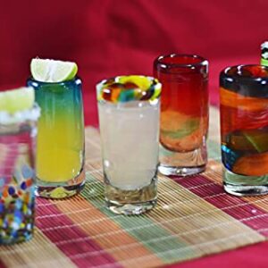 Mexican Tequila Shot Glasses - Set of 6 Large Shot Glasses Pretty Novelty Design Multicolor Recycled Glassware Set Unique Artisan Crafted Dishwasher Safe Hand Blown 2 oz