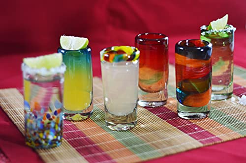 Mexican Tequila Shot Glasses - Set of 6 Large Shot Glasses Pretty Novelty Design Multicolor Recycled Glassware Set Unique Artisan Crafted Dishwasher Safe Hand Blown 2 oz