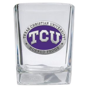 heritage pewter tcu texas christian university square shot glass | hand-sculpted 1.5 ounce shot glass | intricately crafted metal pewter alma mater inlay