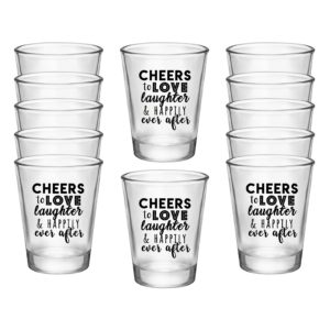 cheers to love laughter happily ever after shot glasses, set of 12 clear 1.75oz doubled sided wedding shot glasses, perfect wedding favor, wedding shot glasses, bridal party shot glasses