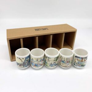 PARTYCRAFTZ Korean Soju Shot Glass Set – 5 Piece Ceramic Pottery Cup for Whiskey Sake Vodka Alcohol Liquor w/Korea Traditional Illustration Paintings Gift Party Decoration Display Drinking Glasses