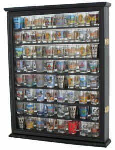 64 shot glass display case holder shot glass cabinet, small curio display, hinged acrylic door, black