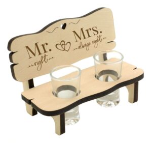 spruchreif | engraved schnapps bench with 2 shot glasses | alcohol gift | liquor gift | wooden shot glas stand with engraving | funny wedding gift | wedding gift ideas | mr right mrs always right
