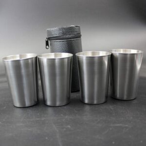 lasenersm 4 Pieces 170ml (5.7 oz) Stainless Steel Shot Cups Shot Glass Drinking Vessel with One Black PU-Leather Carrying Case Outdoor Camping Travel Coffee Tea Cup, Silver Cup, Black Case