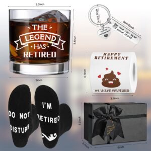 Fumete Funny Retirement Gifts Retirement Party Decorations Set Whiskey Bourbon Lowball Glass Full Length Socks Heart Shape Keychain Retirement Toilet Paper Gift for Men Women Coworkers with Gift Box