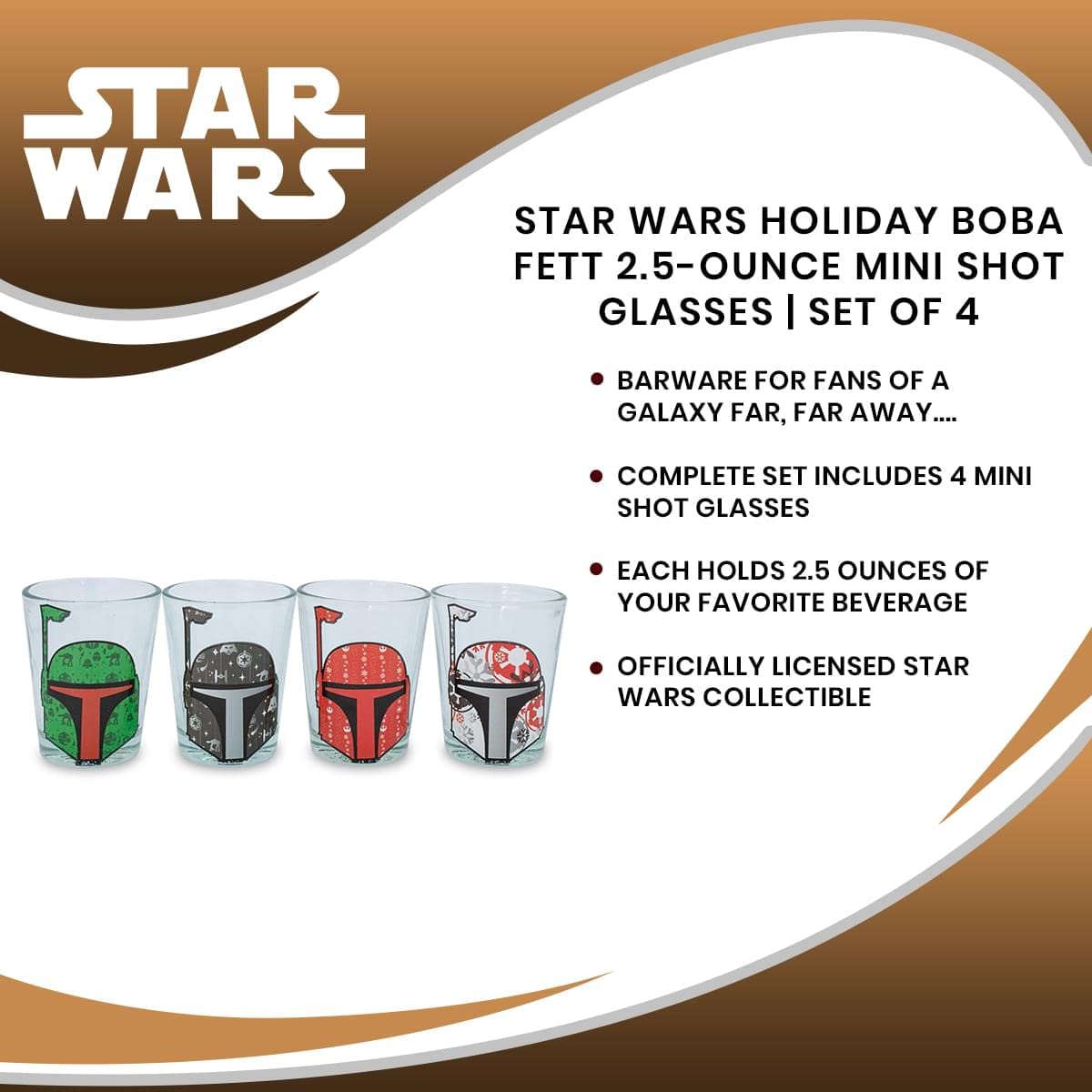 Silver Buffalo Star Wars Holiday Boba Fett 2.5-Ounce Mini Shot Glasses | Set of 4