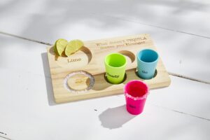 mud pie tequila set, board 7" x 10 1/4" | shot 2 1/2 oz, brown