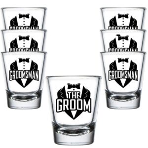 shop4ever The Groom Tuxedo and Groomsman Tuxedo Shot Glasses ~ Bachelor Party Favors ~ Wedding Shot Glasses (7 Pack)