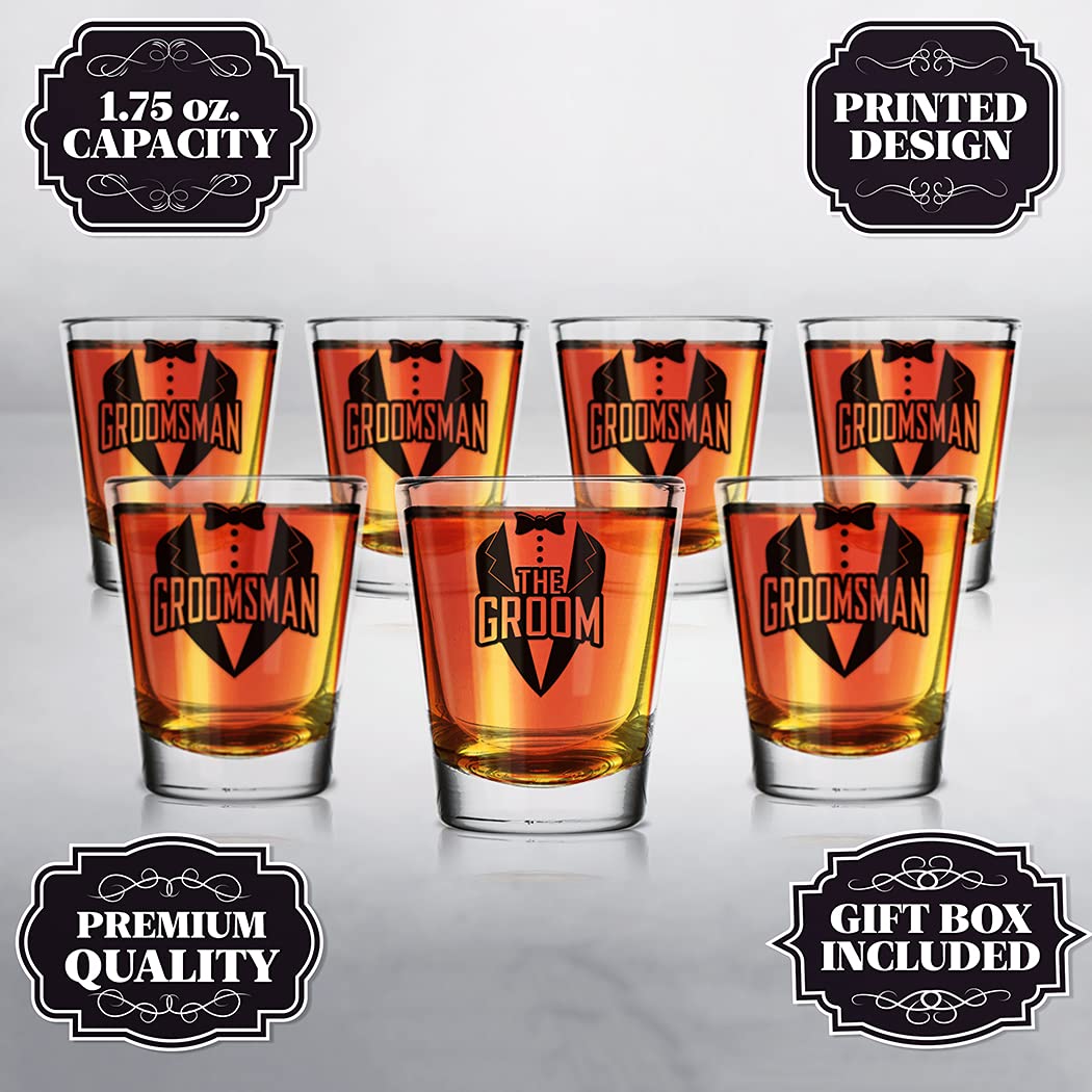 shop4ever The Groom Tuxedo and Groomsman Tuxedo Shot Glasses ~ Bachelor Party Favors ~ Wedding Shot Glasses (7 Pack)