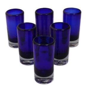 novica artisan crafted hand blown blue recycled glass shot glasses, 2 oz, 'pure cobalt' (set of 6)