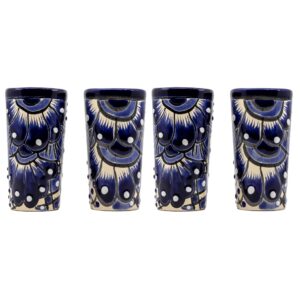 casa fiesta designs mexican shot glasses, hand-painted ceramic tequila shot glass made in mexico - great for tequila, mezcal and sangrita, 2 oz - blue and white - tequilero azul y blanco (pack of 4)