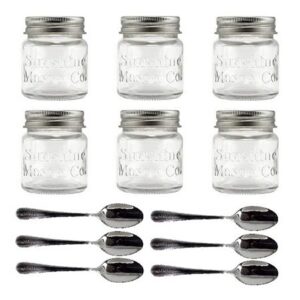 sunshine mason co. mini mason jar shot glasses with metal lid 2 oz with dessert spoons, 6 pieces