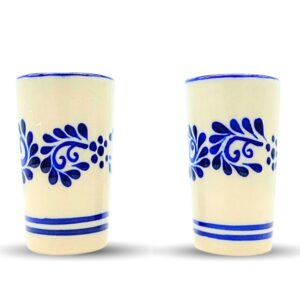 casa fiesta designs mexican shot glasses, hand-painted in mexico - great for tequila, mezcal and sangrita, 2 oz set of 2 - tequilero classic blue flores lineas abajo