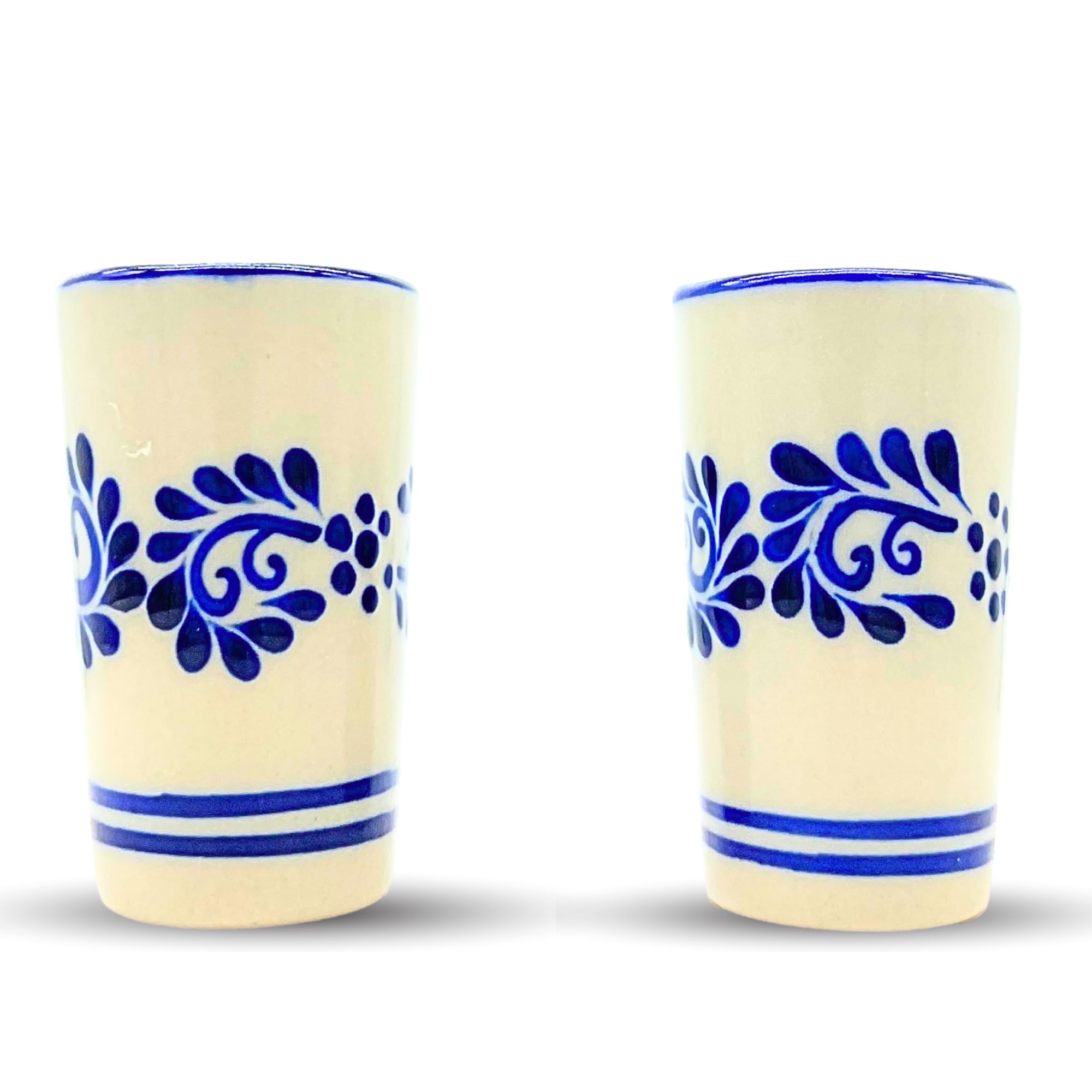 Casa Fiesta Designs Mexican Shot Glasses, Hand-painted in Mexico - Great for Tequila, Mezcal and Sangrita, 2 oz set of 2 - Tequilero Classic Blue Flores Lineas Abajo