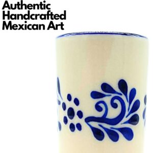 Casa Fiesta Designs Mexican Shot Glasses, Hand-painted in Mexico - Great for Tequila, Mezcal and Sangrita, 2 oz set of 2 - Tequilero Classic Blue Flores Lineas Abajo