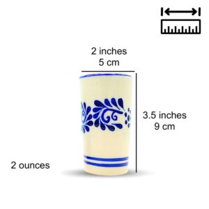 Casa Fiesta Designs Mexican Shot Glasses, Hand-painted in Mexico - Great for Tequila, Mezcal and Sangrita, 2 oz set of 2 - Tequilero Classic Blue Flores Lineas Abajo