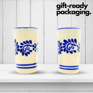 Casa Fiesta Designs Mexican Shot Glasses, Hand-painted in Mexico - Great for Tequila, Mezcal and Sangrita, 2 oz set of 2 - Tequilero Classic Blue Flores Lineas Abajo