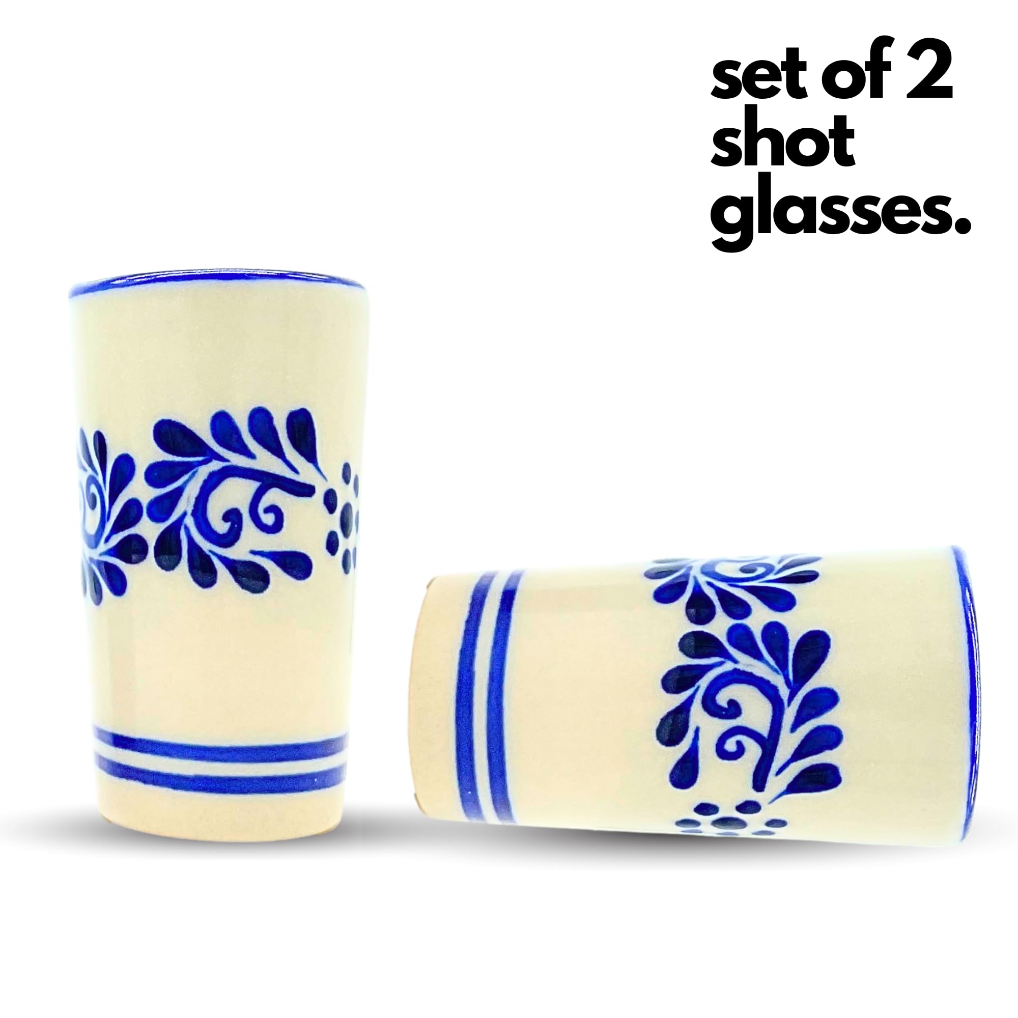 Casa Fiesta Designs Mexican Shot Glasses, Hand-painted in Mexico - Great for Tequila, Mezcal and Sangrita, 2 oz set of 2 - Tequilero Classic Blue Flores Lineas Abajo