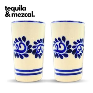 Casa Fiesta Designs Mexican Shot Glasses, Hand-painted in Mexico - Great for Tequila, Mezcal and Sangrita, 2 oz set of 2 - Tequilero Classic Blue Flores Lineas Abajo