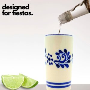 Casa Fiesta Designs Mexican Shot Glasses, Hand-painted in Mexico - Great for Tequila, Mezcal and Sangrita, 2 oz set of 2 - Tequilero Classic Blue Flores Lineas Abajo