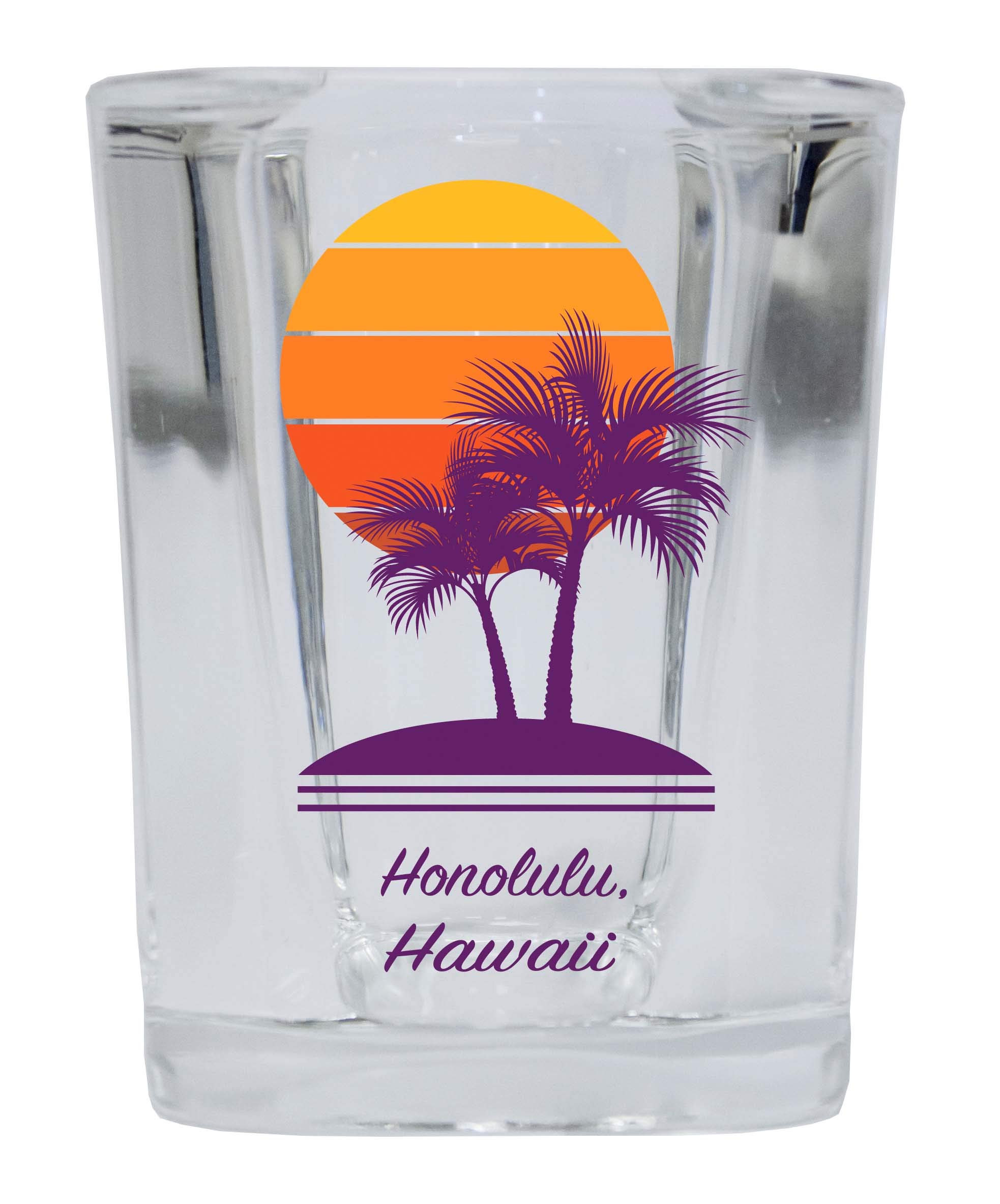 R and R Imports Honolulu Hawaii Souvenir 2 Ounce Square Shot Glass Palm Design