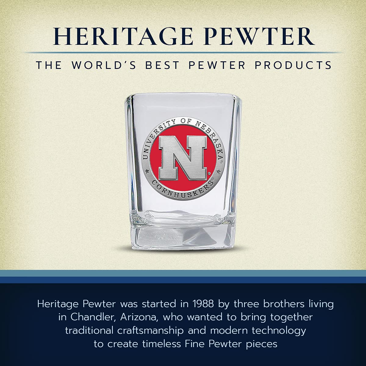 Heritage Pewter Nebraska Square Shot Glass | Hand-Sculpted 1.5 Ounce Shot Glass | Intricately Crafted Metal Pewter Alma Mater Inlay